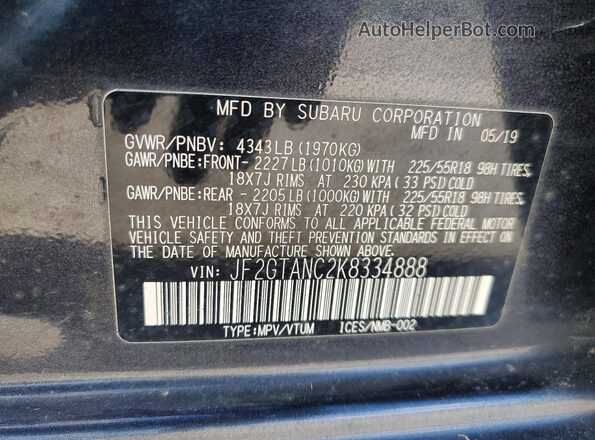 JF2GTANC2K8334888 2019 SUBARU CROSSTREK Gray Вид підкапотного простору