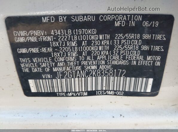 JF2GTANC2K8358172 2019 SUBARU CROSSTREK Белый Вид подкапотного пространства