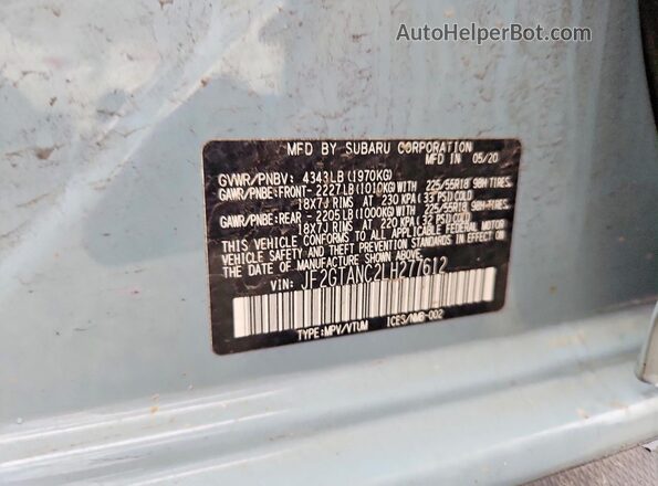 JF2GTANC2LH277612 2020 SUBARU CROSSTREK Blue Вид наклейки з VIN-кодом