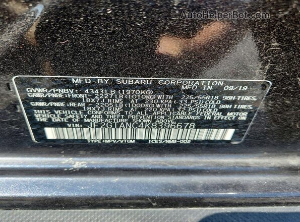 JF2GTANC4K8396678 2019 SUBARU CROSSTREK Black VIN კოდის სტიკერის ხედი