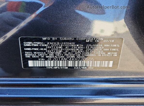 JF2GTANC4KH220505 2019 SUBARU CROSSTREK Black ძრავის განყოფილების ხედი