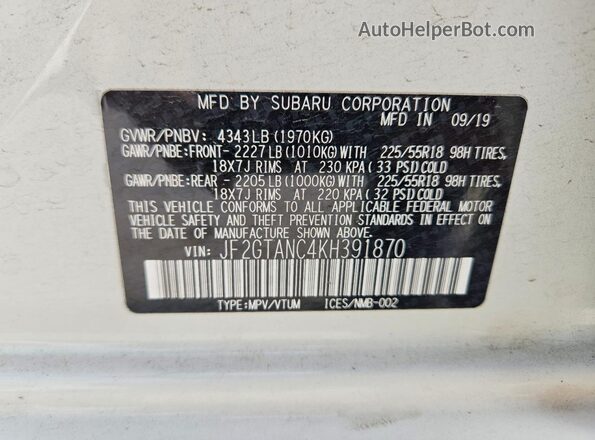 JF2GTANC4KH391870 2019 SUBARU CROSSTREK White Вид підкапотного простору