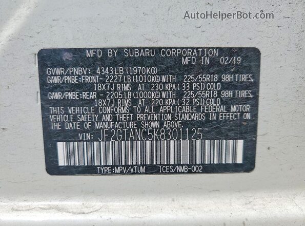 JF2GTANC5K8301125 2019 SUBARU CROSSTREK White Вид підкапотного простору