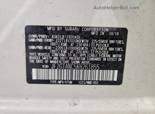 JF2GTANC5KH261855 2019 SUBARU CROSSTREK White Սալոնի 360 աստիճան տեսք