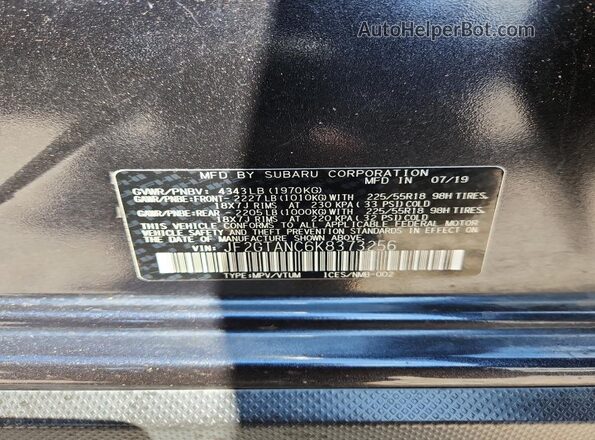 JF2GTANC6K8373256 2019 SUBARU CROSSTREK Черный Вид наклейки с VIN-кодом