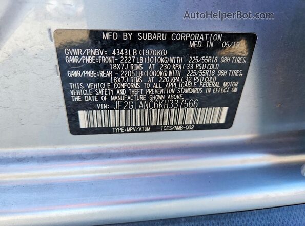 JF2GTANC6KH337566 2019 SUBARU CROSSTREK Silver VIN կոդի պիտակի տեսք