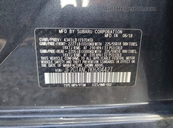 JF2GTANC7KH204427 2019 SUBARU CROSSTREK Gray Widok naklejki z numerem VIN