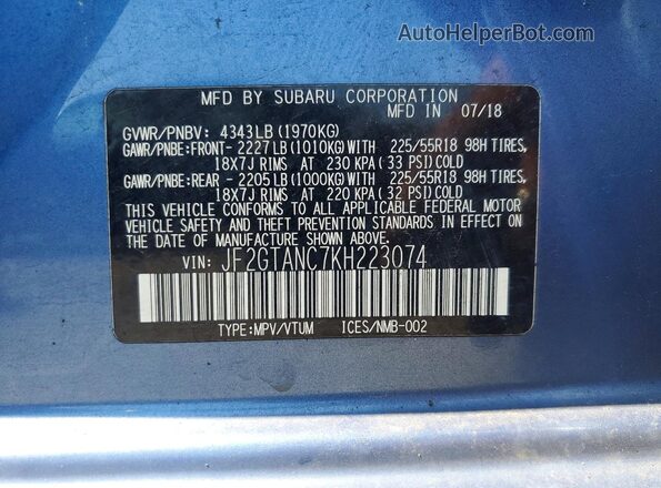 JF2GTANC7KH223074 2019 SUBARU CROSSTREK Blue Շարժիչի բաժամունքի տեսք
