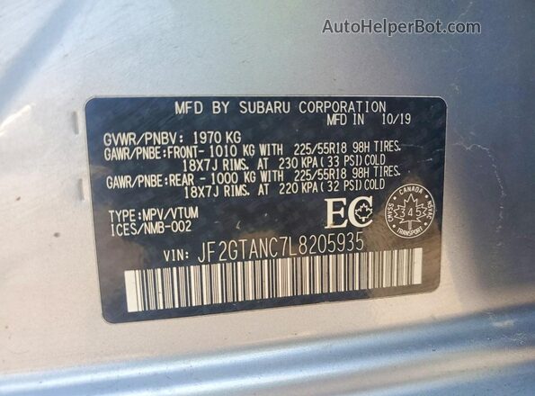 JF2GTANC7L8205935 2020 SUBARU CROSSTREK Gray VIN կոդի պիտակի տեսք
