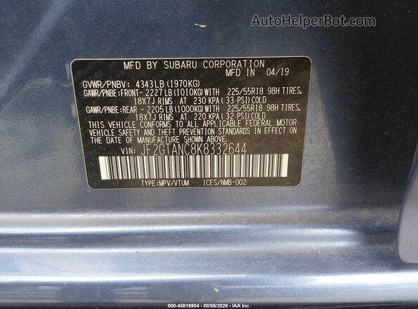 JF2GTANC8K8332644 2019 SUBARU CROSSTREK Blue ძრავის განყოფილების ხედი