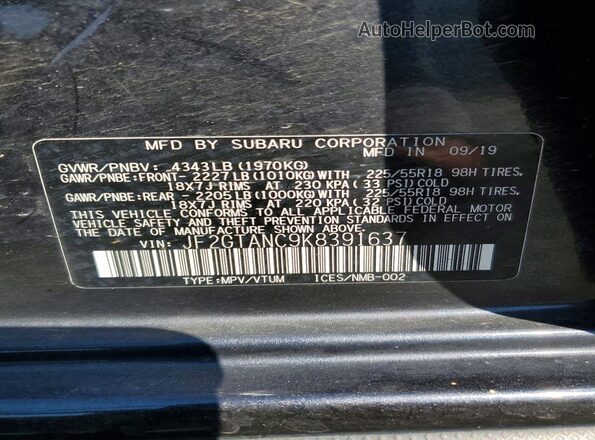 JF2GTANC9K8391637 2019 SUBARU CROSSTREK Charcoal Սալոնի 360 աստիճան տեսք