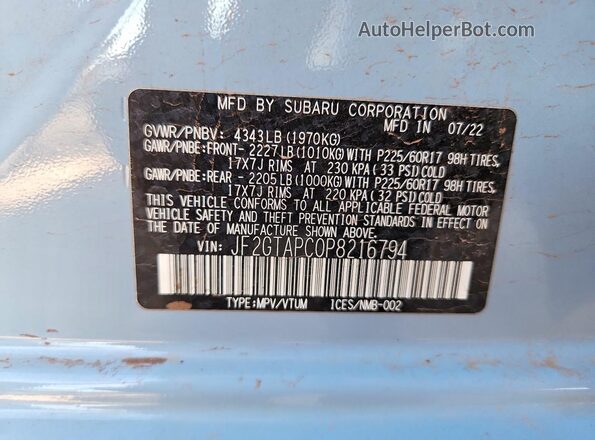 JF2GTAPC0P8216794 2023 SUBARU CROSSTREK Blue Vista de la etiqueta del VIN