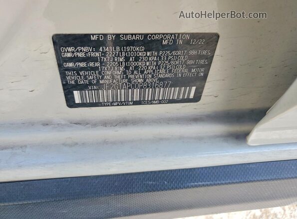 JF2GTAPC0P8316877 2023 SUBARU CROSSTREK White VIN კოდის სტიკერის ხედი