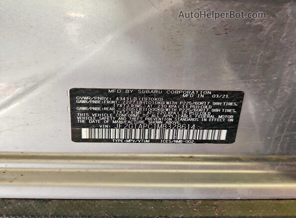 JF2GTAPC1M8328614 2021 SUBARU CROSSTREK Silver VIN კოდის სტიკერის ხედი