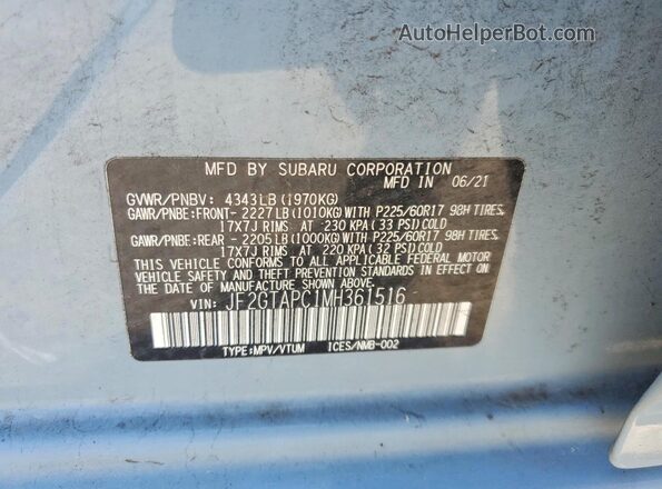 JF2GTAPC1MH361516 2021 SUBARU CROSSTREK Blue Vista del compartimento del motor
