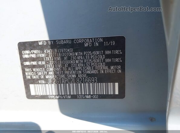 JF2GTAPC2L8216693 2020 SUBARU CROSSTREK Синий Вид подкапотного пространства