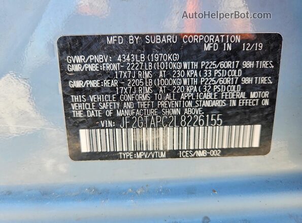 JF2GTAPC2L8226155 2020 SUBARU CROSSTREK Blue Widok komory silnika