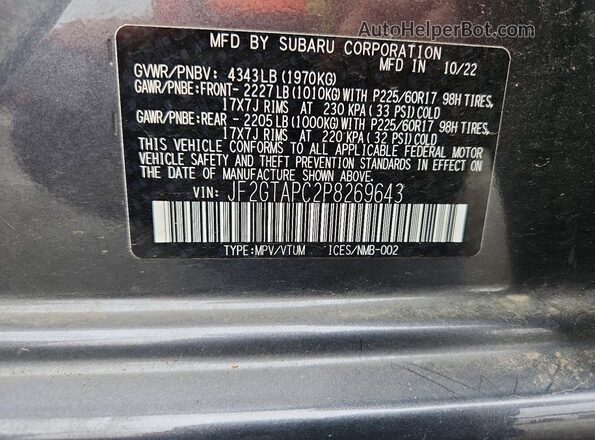 JF2GTAPC2P8269643 2023 SUBARU CROSSTREK Gray VIN კოდის სტიკერის ხედი