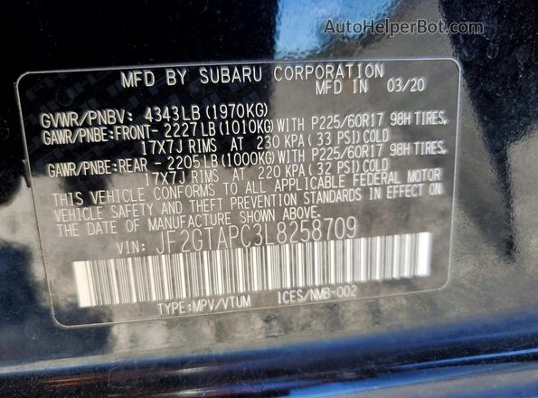 JF2GTAPC3L8258709 2020 SUBARU CROSSTREK Black VIN sticker view