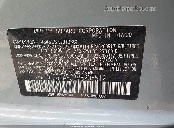 JF2GTAPC3M8205512 2021 SUBARU CROSSTREK Blue Вид підкапотного простору