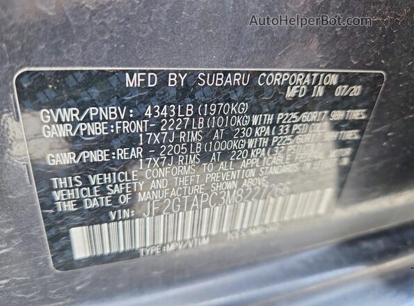 JF2GTAPC3M8227266 2021 SUBARU CROSSTREK Gray Vista de la etiqueta del VIN