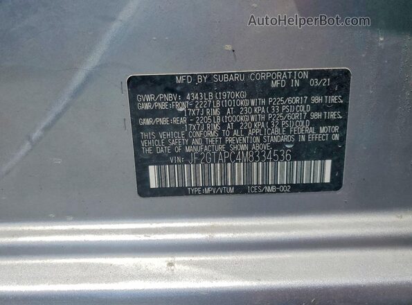 JF2GTAPC4M8334536 2021 SUBARU CROSSTREK Silver Widok naklejki z numerem VIN