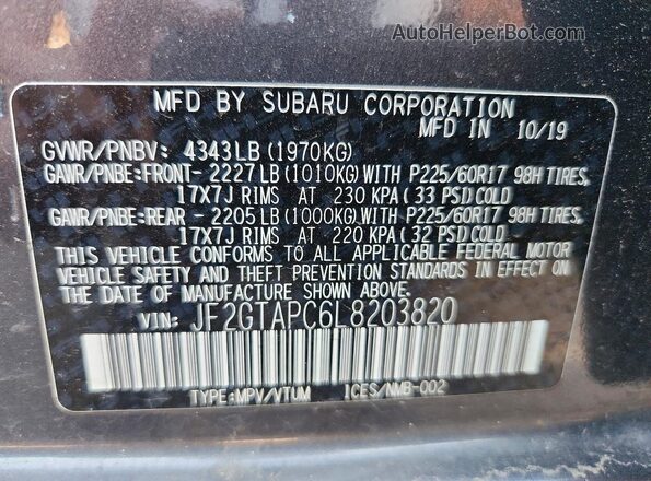 JF2GTAPC6L8203820 2020 SUBARU CROSSTREK Gray VIN կոդի պիտակի տեսք