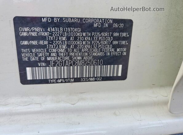 JF2GTAPC8M8250610 2021 SUBARU CROSSTREK White Շարժիչի բաժամունքի տեսք