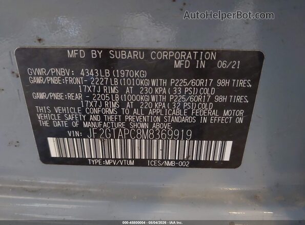 JF2GTAPC8M8369919 2021 SUBARU CROSSTREK Blue Engine compartment view