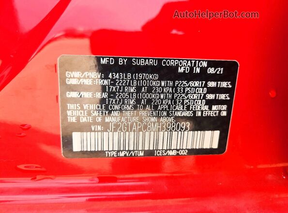 JF2GTAPC8MH398093 2021 SUBARU CROSSTREK Red Vista interior de 360 grados