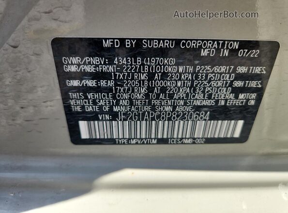 JF2GTAPC8P8230684 2023 SUBARU CROSSTREK Beige VIN კოდის სტიკერის ხედი