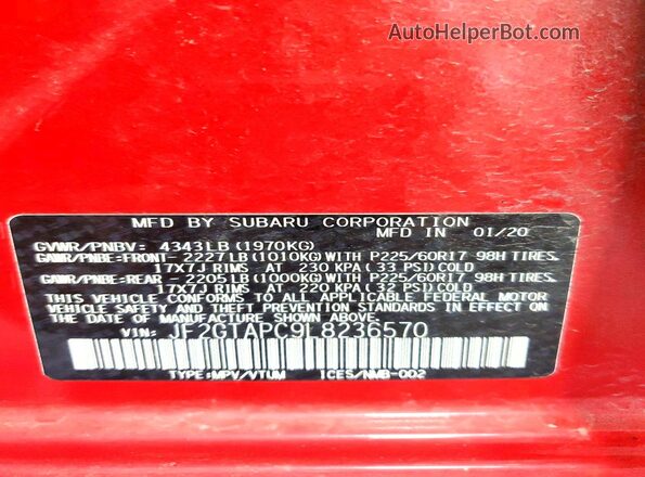 JF2GTAPC9L8236570 2020 SUBARU CROSSTREK Red VIN კოდის სტიკერის ხედი