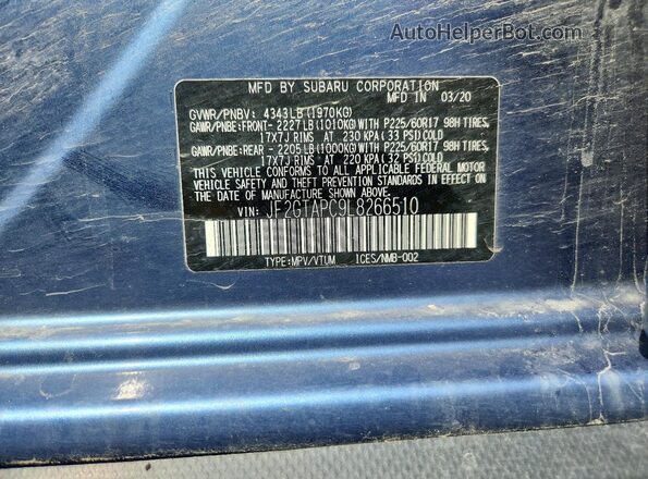 JF2GTAPC9L8266510 2020 SUBARU CROSSTREK Blue Շարժիչի բաժամունքի տեսք