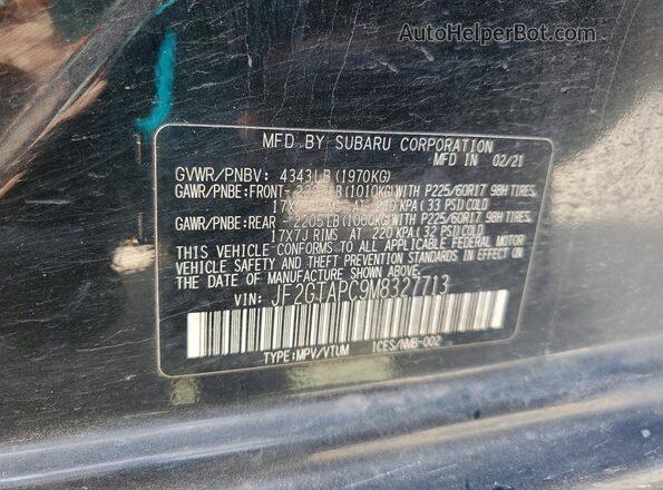 JF2GTAPC9M8327713 2021 SUBARU CROSSTREK Black VIN კოდის სტიკერის ხედი