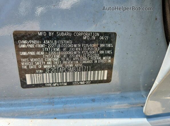 JF2GTAPC9M8341711 2021 SUBARU CROSSTREK Teal Панорамний вид салону 360°