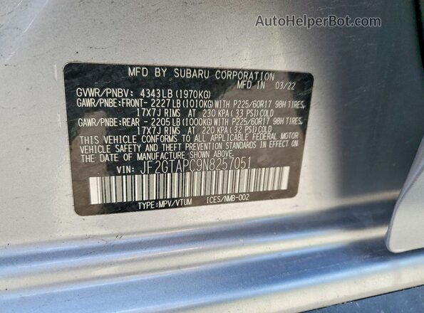JF2GTAPC9N8257051 2022 SUBARU CROSSTREK Gray ძრავის განყოფილების ხედი