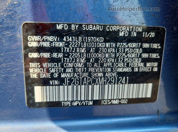 JF2GTAPCXMH291241 2021 SUBARU CROSSTREK Blue Շարժիչի բաժամունքի տեսք