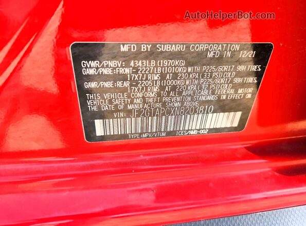 JF2GTAPCXN8203810 2022 SUBARU CROSSTREK Red Vista del compartimento del motor