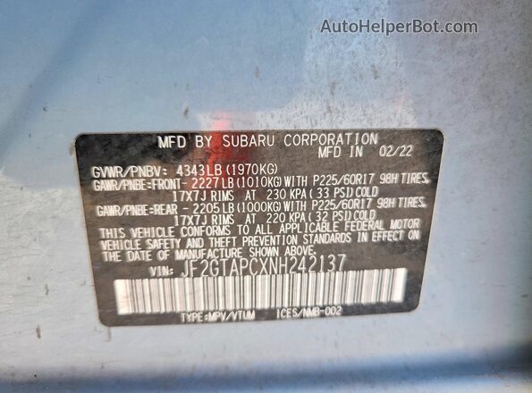 JF2GTAPCXNH242137 2022 SUBARU CROSSTREK Blue Вид підкапотного простору