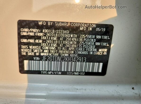 JF2GTDNC2KH342913 2019 SUBARU CROSSTREK Белый Вид наклейки с VIN-кодом