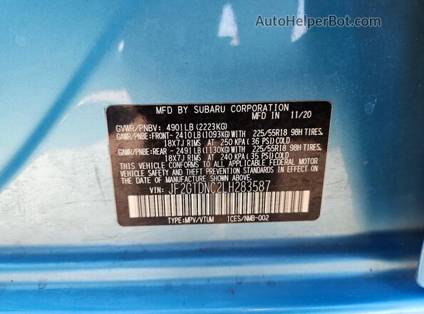 JF2GTDNC2LH283587 2020 SUBARU CROSSTREK Blue სალონის 360-გრადუსიანი ხედი