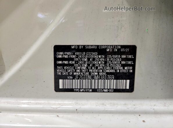 JF2GTDNC3MH381769 2021 SUBARU CROSSTREK Белый Вид наклейки с VIN-кодом