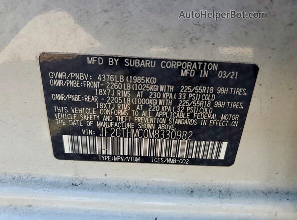 JF2GTHMC0M8330982 2021 SUBARU CROSSTREK White Widok naklejki z numerem VIN