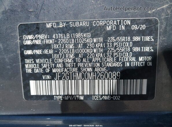 JF2GTHMC0MH260089 2021 SUBARU CROSSTREK Gray Widok komory silnika