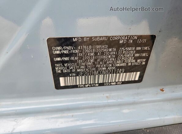 JF2GTHMC0N8211749 2022 SUBARU CROSSTREK Blue Vista del compartimento del motor