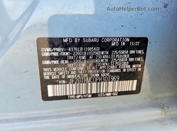 JF2GTHMC0PH301969 2023 SUBARU CROSSTREK Blue Vista de la etiqueta del VIN