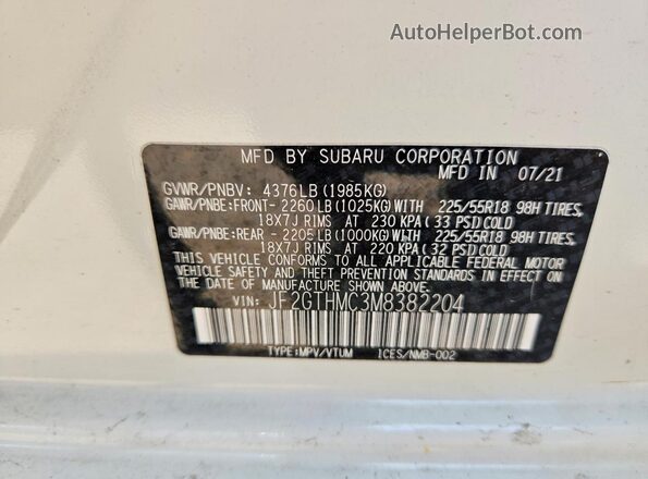 JF2GTHMC3M8382204 2021 SUBARU CROSSTREK White Вид наклейки з VIN-кодом