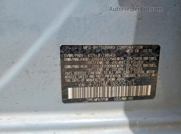 JF2GTHMC3N8205783 2022 SUBARU CROSSTREK Blue VIN կոդի պիտակի տեսք
