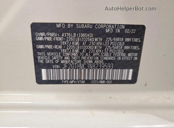 JF2GTHMC3N8239593 2022 SUBARU CROSSTREK White Շարժիչի բաժամունքի տեսք