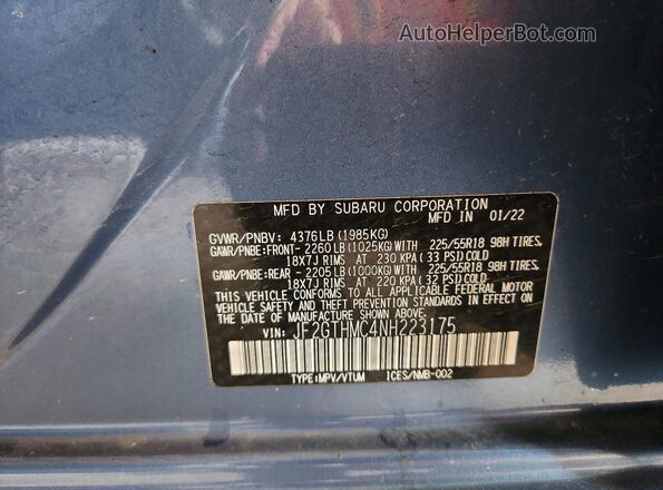 JF2GTHMC4NH223175 2022 SUBARU CROSSTREK Синий Вид наклейки с VIN-кодом